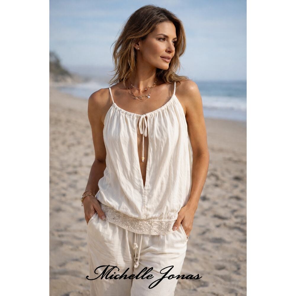 Michelle Jonas Ivory Boho Tie-Front Cami Top Lace Hem Resort Tank Size Petite